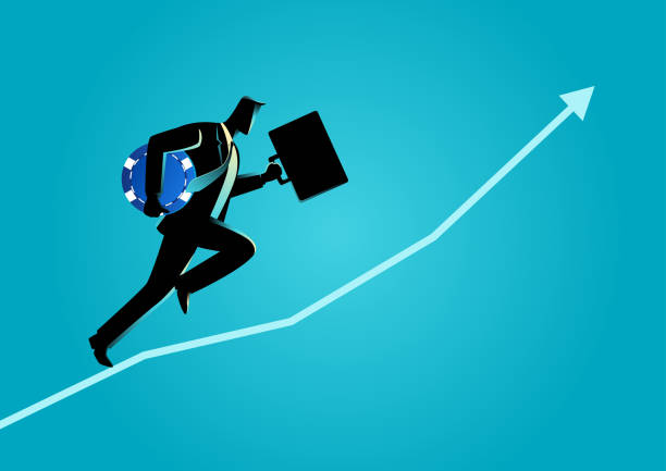 Business concept illustration of a businessman running carrying briefcase and blue chip