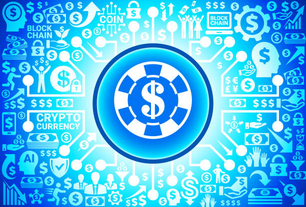 Cryptocurrency Background. The icon is white in color and is placed in the center of the image inside a blue glowing circle button with a dark blue outline, The background of the image is composed of various cryptocurrency money and finance icons. The background has a blue gradient and a glow effect. There are also circuit board elements present which represent modern digital trading.